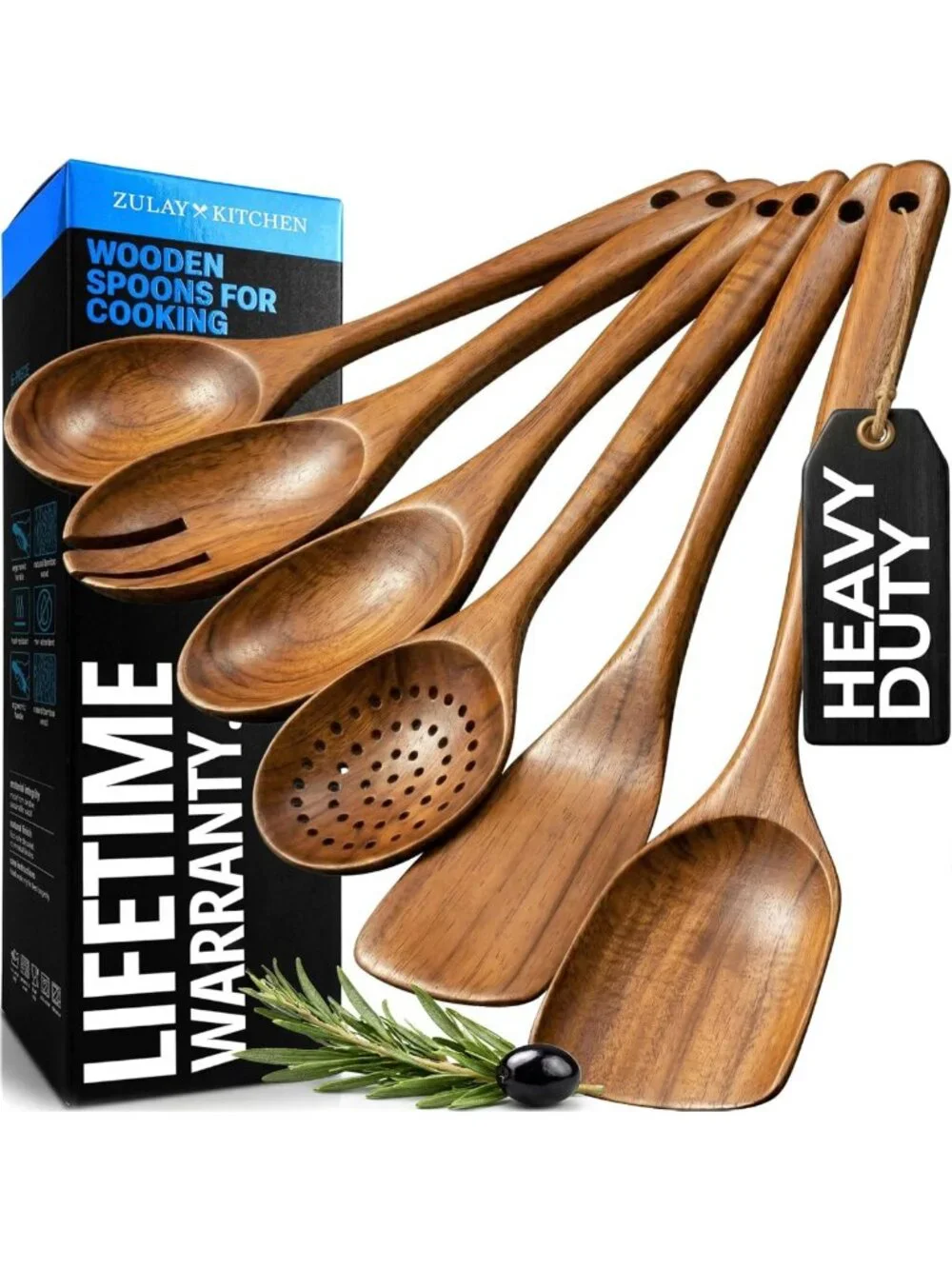 Natural Teak Wooden Cooking Utensil Set - 6 Durable Spoons, Easy to Clean